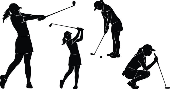 Women Golf Player Silhouette Set with Swing Putting and Fairway Action Vector Collection