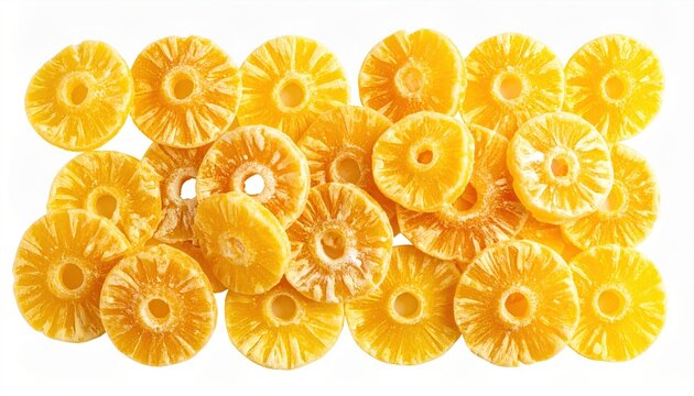 Freeze-dried pineapple slices isolated on white background, healthy snack concept