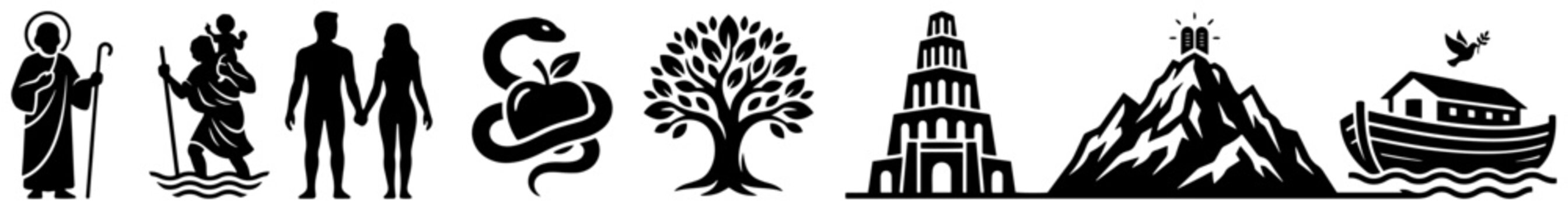 Biblical stories collection from genesis to ten commandments featuring adam and eve and noahs ark in black silhouette style