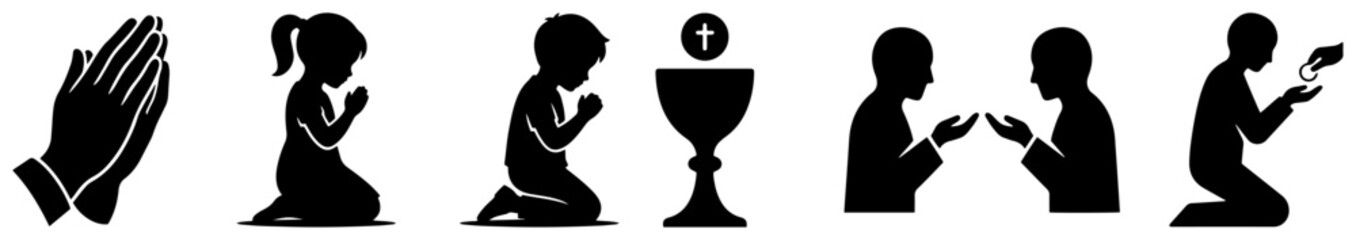 Children praying and receiving holy communion in flat black vector silhouette style