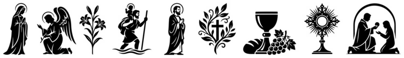 Obraz premium Catholic religious icons showing sacraments saints and eucharistic symbols in black flat style