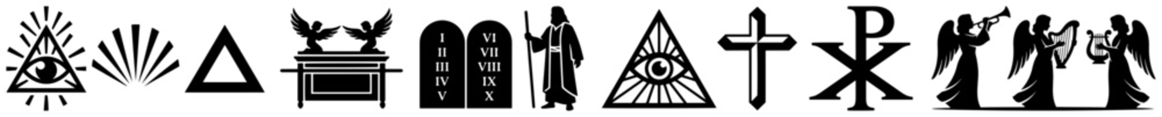 Obraz premium Biblical symbols featuring Ten Commandments Ark of the Covenant and Eye of Providence in black flat style