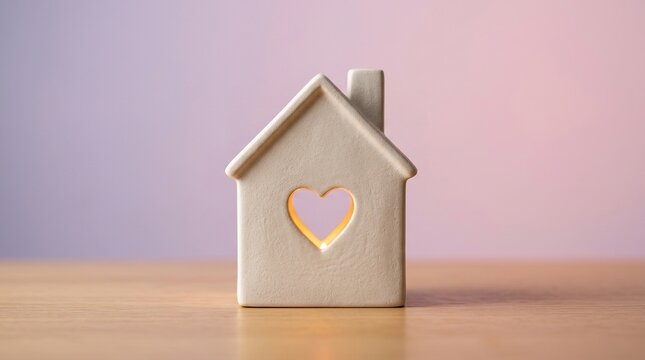 Small ceramic house with cutout heart shape glowing inside on wooden surface warm light background representing home love and comfort cozy living space decoration object.