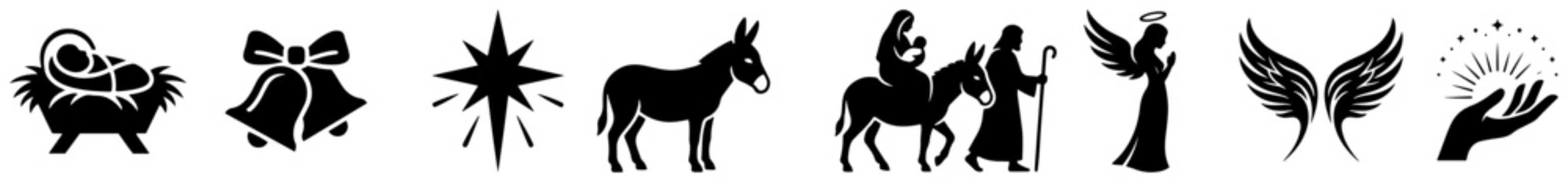 Christmas Nativity characters and biblical religious symbols silhouette set