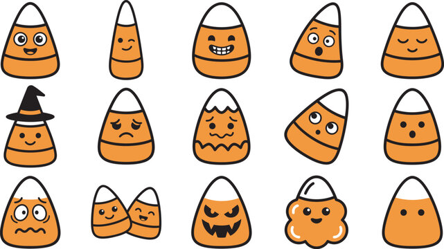 A collection of cute candy corn characters with various funny facial expressions and emotions isolated on a white background for halloween design