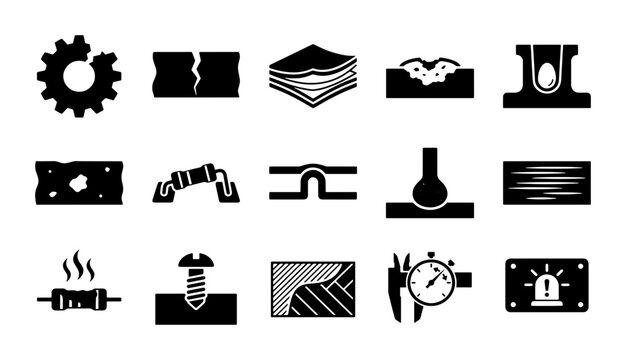 Industrial material defects and quality control icons, 15 black vector symbols of manufacturing damage, metal fatigue and structural failure