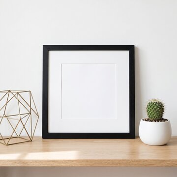 Front view mockup of a square black picture frame with a white mount, gold geometric object, and cactus on a wooden shelf against a white wall.