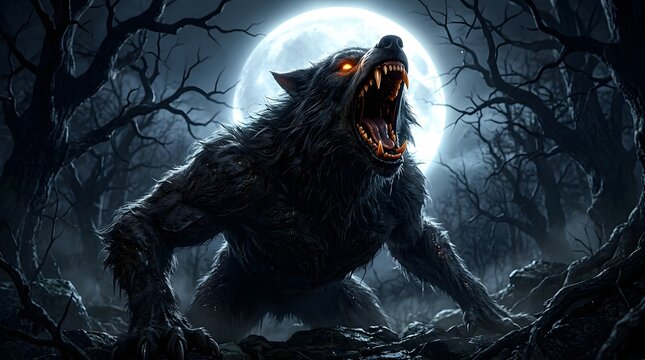 Fierce werewolf roaring in a dark forest at night under the light of a glowing full moon