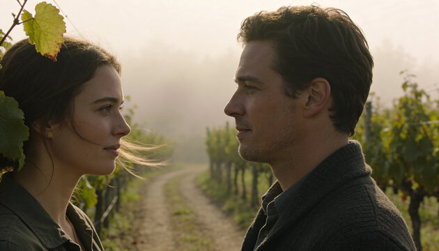 Romantic couple sharing an intimate gaze in a sunlit vineyard at golden hour, cinematic countryside relationship scene for wine tourism, love story, and lifestyle advertising