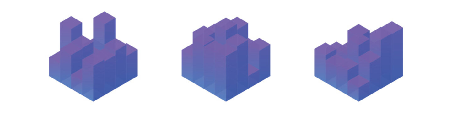 Gradient purple abstract isometric blocks, dynamic composition of stacked cubes.