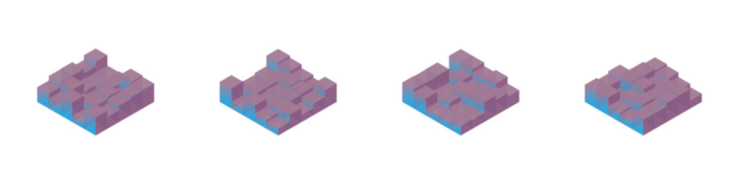 Minimalist isometric charts with purple gradient cubes for data information design.