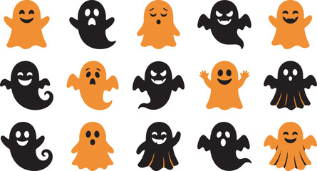 Fototapeta premium A collection of cute cartoon ghosts in orange and black colors arranged in a grid pattern for halloween party decoration and design