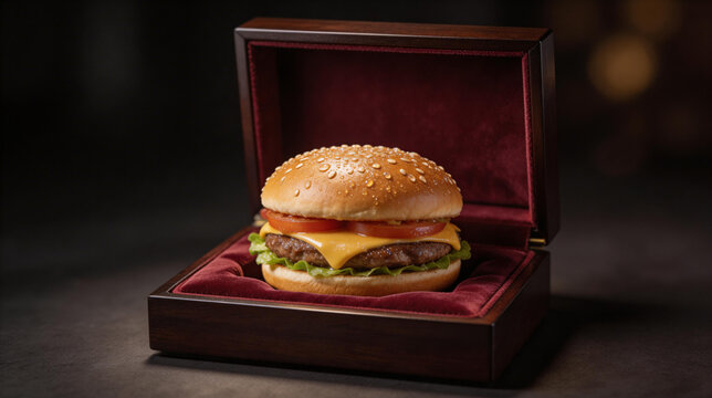 Gourmet cheeseburger presented inside a luxury velvet jewelry box, symbolizing expensive fast food, premium dining quality, and creative culinary branding