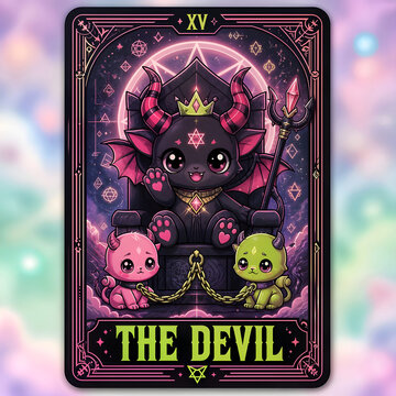 Chibi-style depiction of "The Devil" tarot card featuring a cute, devilish creature perched on a throne. Two smaller creatures, one pink, the other green, are chained to the throne