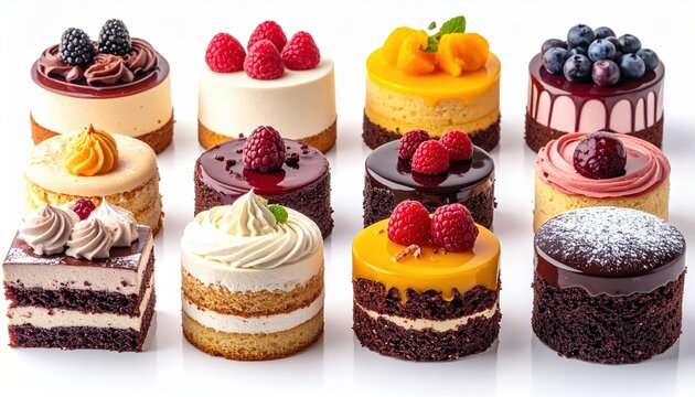 Collection of assorted colorful cakes and pastries displayed on white background, bakery concept, isolated commercial food photography