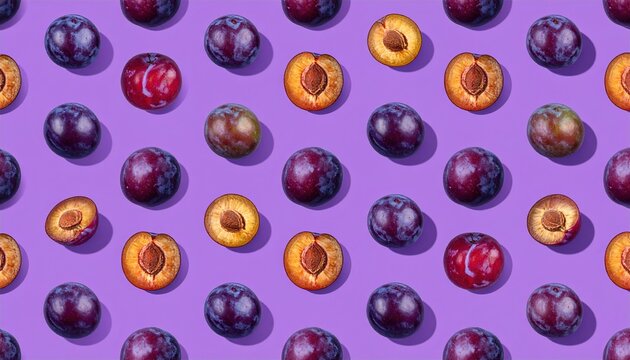 Seamless plum pattern with whole and sliced plums on purple background