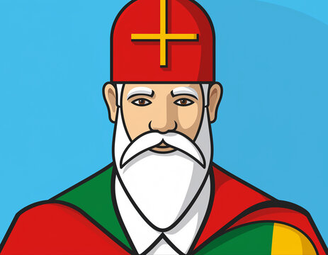 Portrait of a traditional saint with a white beard and red bishop hat on a solid blue background
