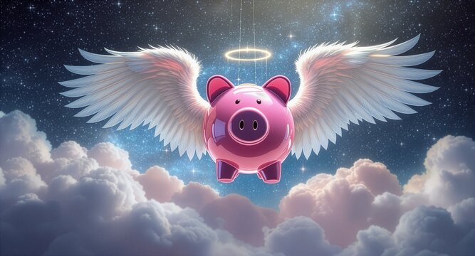 Flying pink piggy bank with large angel wings and a glowing halo soaring high in a starry night sky above fluffy clouds, representing financial freedom, dream savings, and secure wealth growth