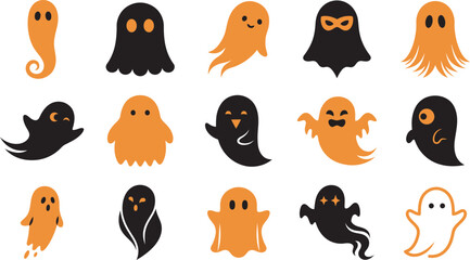 Fototapeta premium A collection of cute hand drawn ghost stickers in black and orange colors isolated on a white background for halloween party decorations
