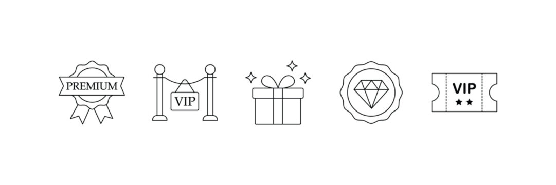 Exclusive premium VIP icon set vector illustration line art symbol ribbon rope barrier gift diamond ticket.