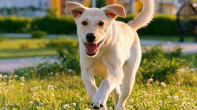 Happy playful dog running joyfully on green grass field during sunny day with flowers, showcasing energy, happiness, and the love of pets in nature