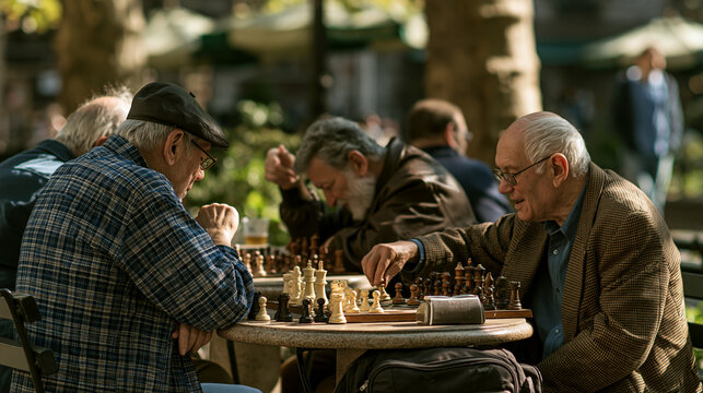 Seniors playing chess at an outdoor caf&eacute; table in a park with wooden pieces and strategy game focus