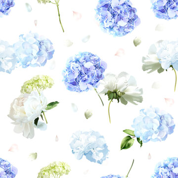 Blue summer hydrangea floral vector design seamless pattern. White peony, blue and green hydrangea, petals, greenery and plants print. Spring background. Flowers and branches are isolated and movable.