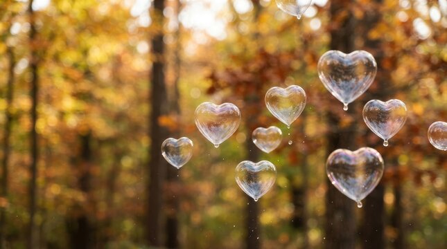 Floating heart shaped soap bubbles against a beautiful golden autumn forest background perfect for celebrating world heart day and promoting healthy living and love