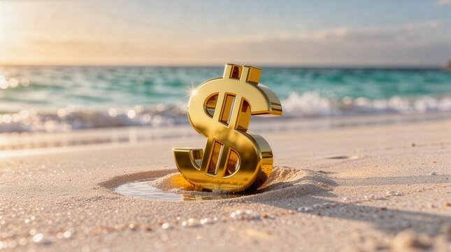 Sparkling gold US dollar currency symbol sitting on tropical beach sand by the sea, perfect for wealth creation, passive income, travel budgeting, and global investment concepts.