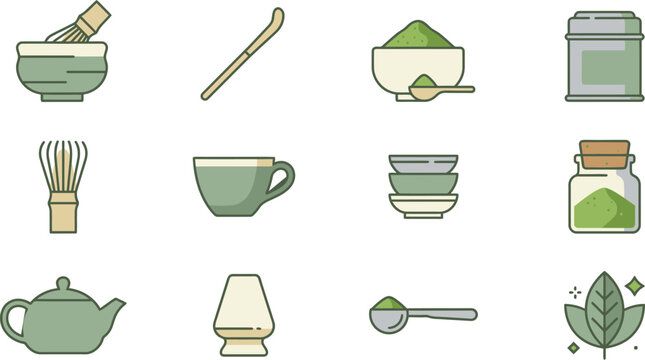 Flat vector set of matcha tea preparation tools including whisk bowl scoop and powder in a clean modern style