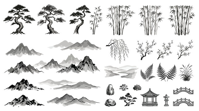 Set of traditional japanese and chinese ink wash painting elements, mountains, trees and architecture