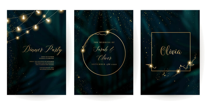 Dark greenery exotic foliage vector background. Black blue tropical trees wedding invitation. Leaves card texture. Golden line crystal art. Island style save the date. Elegant outdoor party template