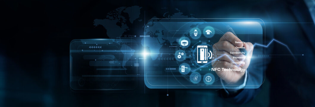 Hardware developer using touch pen on an NFC Technology virtual screen to map sensor connects. This highly secure digital interface ensures strict control over global enterprise networks.