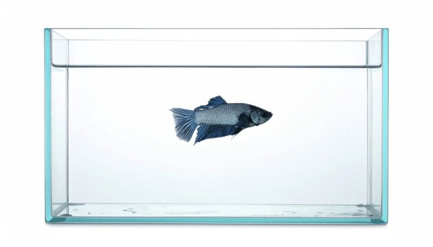 Blue betta fish in rectangular glass aquarium.