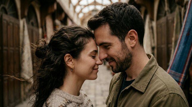 Romantic Couple Sharing an Intimate Moment in a Historic Market Alley, Authentic Travel Lifestyle Image for Love, Relationship and Valentine&rsquo;s Day Campaigns