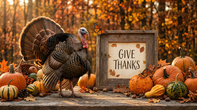 A festive thanksgiving day scene featuring a turkey standing next to a give thanks sign and autumn pumpkins