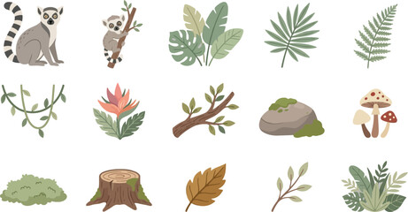 Jungle lemur and tropical rainforest foliage collection with hand drawn botanical elements and wild animals set © KhadizaAkter