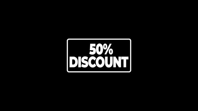 flat 50% discount animation and glowing border banner on , transparent background with alpha channel