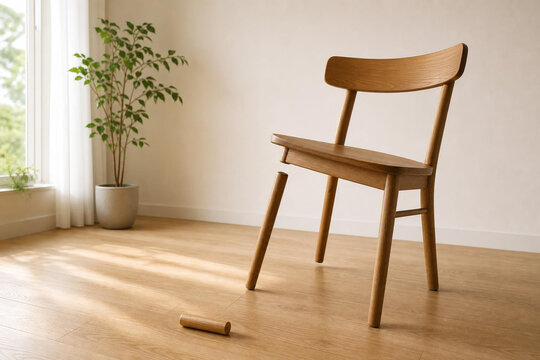 Misaligned wooden chair with crooked leg and unassembled dowel, DIY furniture assembly concept