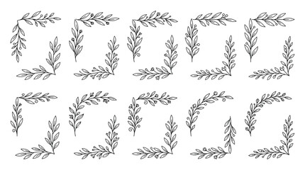 Fototapeta premium Set of hand drawn floral corner frames, decorative botanical elements for wedding design
