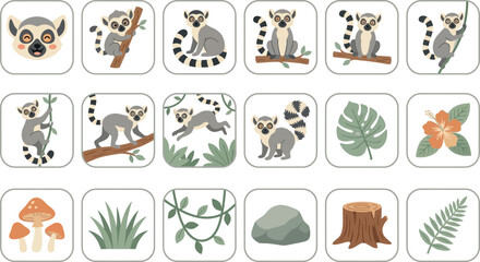 Lemur character icon set in flat vector style with jungle plants, tropical flowers, and tree branch elements © KhadizaAkter