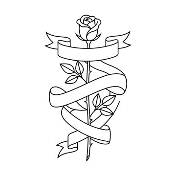 Hand drawn sketch of ribbon wrapping around vertical rose stem isolated on white background. Minimalist line art illustration.