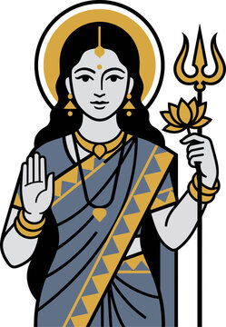 Minimalist Vector Illustration of Hindu Goddess Durga Holding Trishula