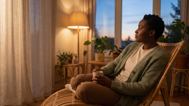 Adult Sipping Herbal Tea in a Calm Home Sunroom for Wellness