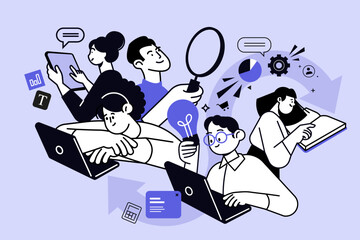 Obraz premium Creative business concept of teamwork and project management. Vector illustration for web banner, social media banner, business presentation, marketing material. 