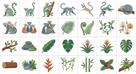 Lemur vector icon set with jungle animals tropical leaves exotic flowers vines and bamboo for rainforest design © KhadizaAkter