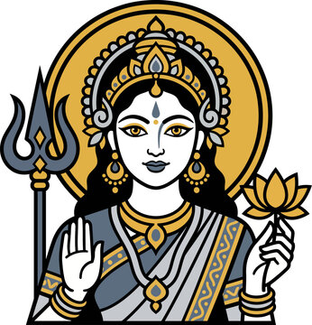 Stylized Illustration of Hindu Goddess Parvati with Trishula and Lotus