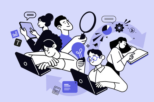 Creative business concept of teamwork and project management. Vector illustration for web banner, social media banner, business presentation, marketing material. 