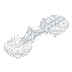 Obraz premium Futuristic Isometric Suspension Bridge Connecting Floating Sci-Fi Platforms Technical Line Art