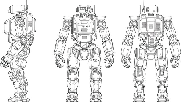 Sci-fi mech robot character model sheet with side, front, and back orthographic line art views